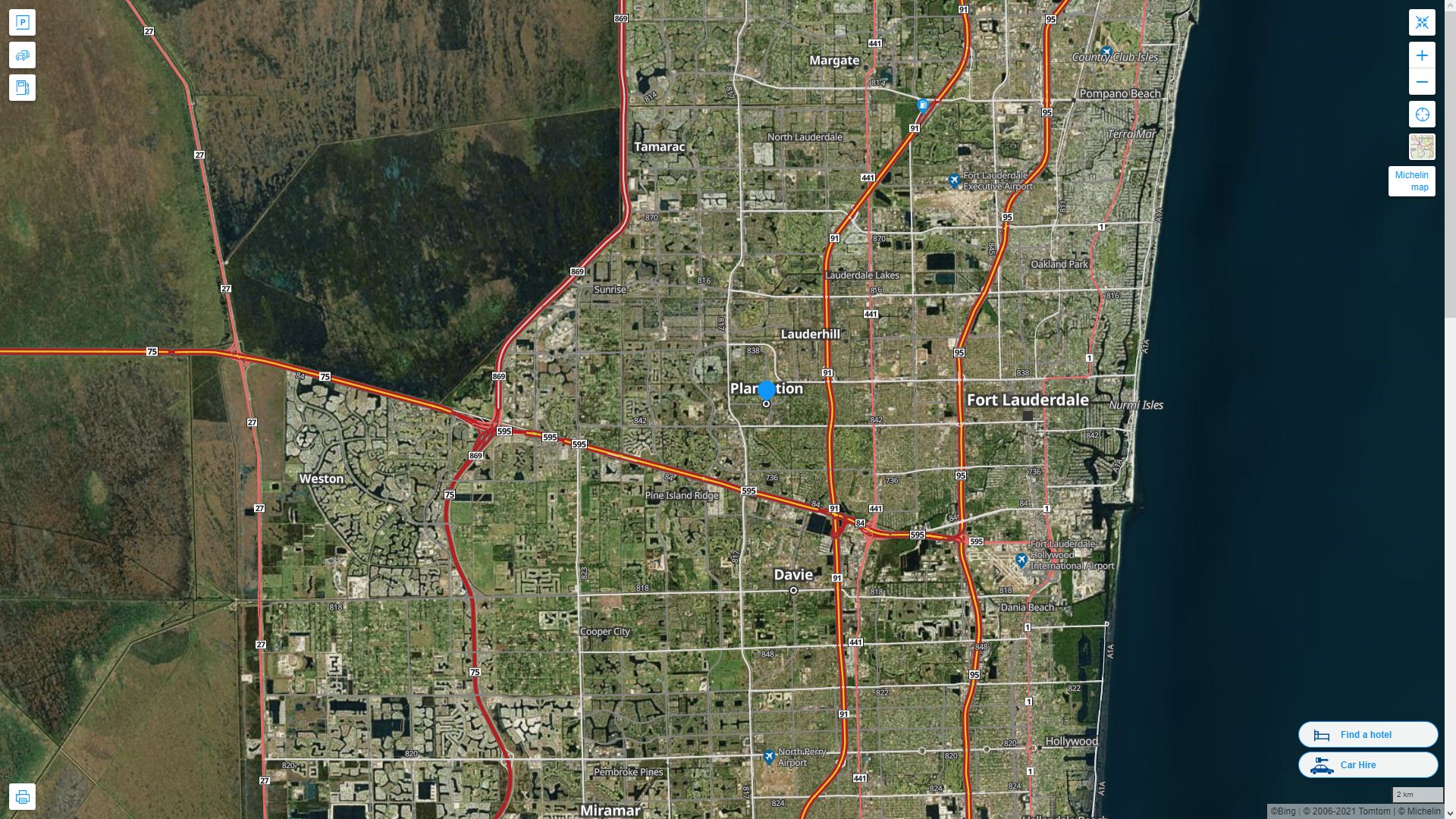 Plantation Florida Highway and Road Map with Satellite View